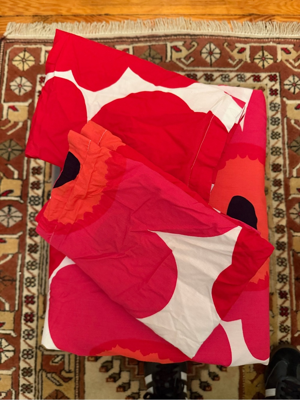 Marimekko Unikko Red Pink Floral Cotton Queen Duvet Cover & Sham Set